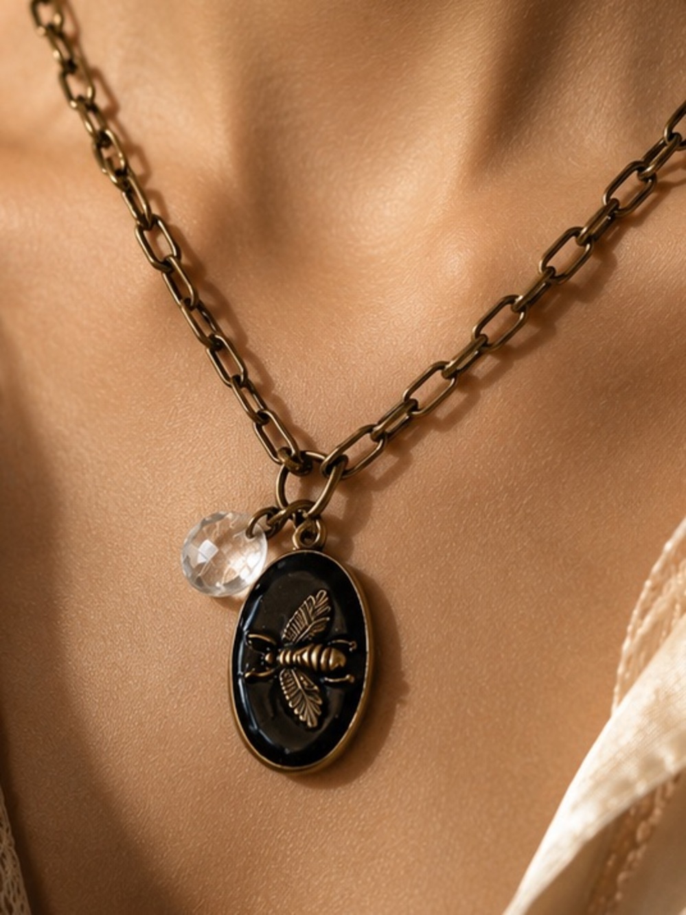 Vintage Gucci Bee Pendant & Brass Oval Link Custom Necklace 20”
